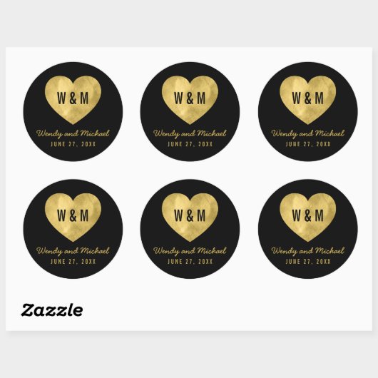 Black & Gold Monogram Heart Wedding Save the Date Runder Aufkleber (Blatt)
