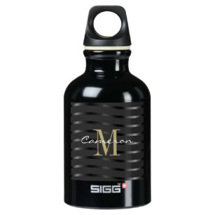 Black Gold Monogram Initial und Name auf Black Aluminiumwasserflasche
