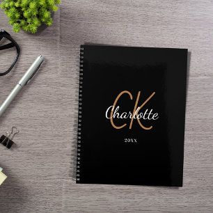 Black gold monogram initials name minimalist 2023 planer