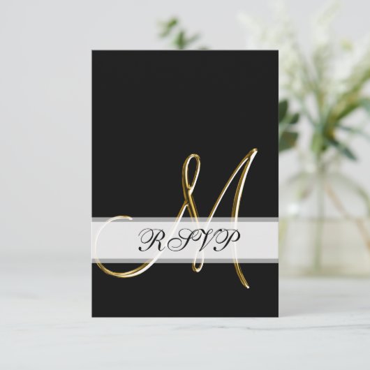 Black Gold Monogram M Wedding RSVP (Stehend Vorderseite)