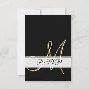 Black Gold Monogram M Wedding RSVP Karte