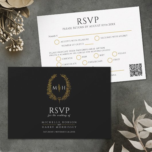 Black gold monogram meal option wedding QR code RSVP Karte