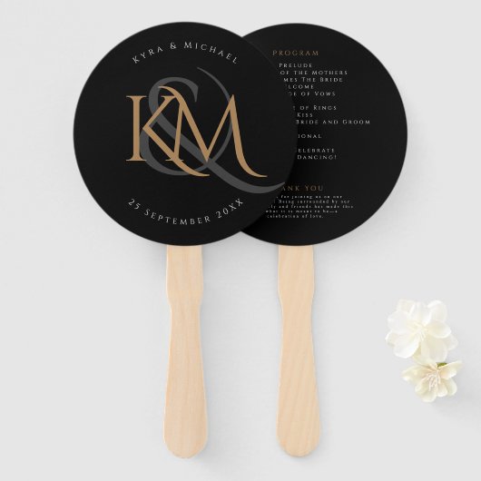 Black Gold Monogram Modern Elegante Wedding Progra Fächer (Vorne und Hinten)
