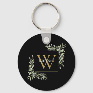 Black Gold Monogram Modern Greenery Personalisiert Schlüsselanhänger