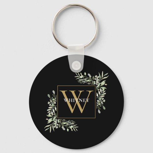 Black Gold Monogram Modern Greenery Personalisiert Schlüsselanhänger (Vorderseite)