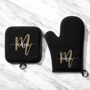 Black Gold Monogram Modern Kiteschrift Ofenhandschuh & Topflappen-Set