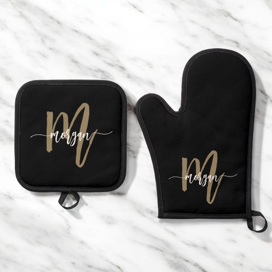 Black Gold Monogram Modern Kiteschrift Ofenhandschuh & Topflappen-Set