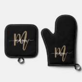 Black Gold Monogram Modern Kiteschrift Ofenhandschuh & Topflappen-Set (Vorderseite)