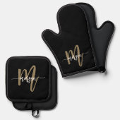 Black Gold Monogram Modern Kiteschrift Ofenhandschuh & Topflappen-Set (Vorderseite/Rückseite)