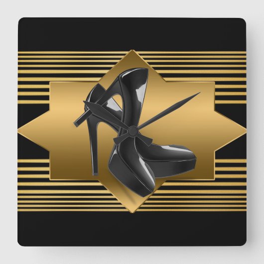 Black Gold Monogram Pattern & High Heels Quadratische Wanduhr (Vorderseite)