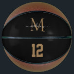 Black Gold Monogram Player Number Girl Script Basketball<br><div class="desc">Elegant Black Gold White Monogram Team Number Feminine Girly Modern Script Basketball</div>