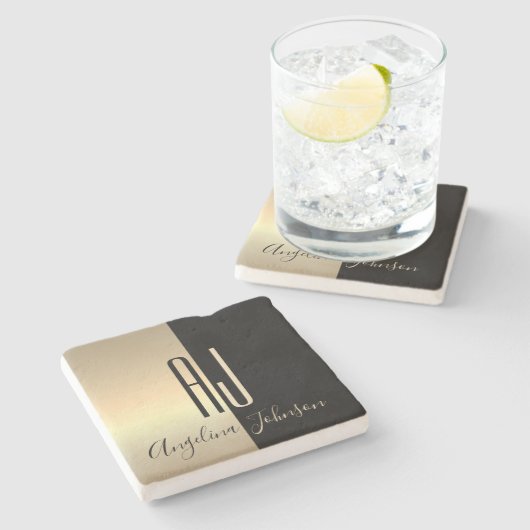 Black Gold Monogram Steinuntersetzer (Seitenansicht)