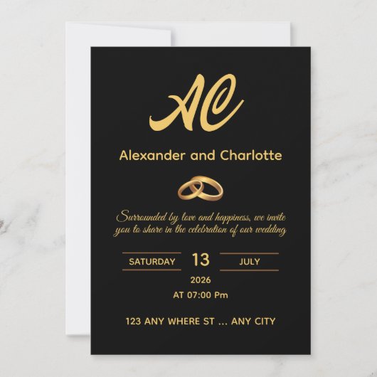 Black Gold Monogram Wedding Invitation Einladung (Vorderseite)