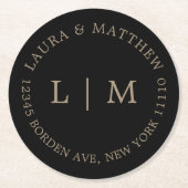 Black Gold Monogram Wedding Runder Pappuntersetzer (Vorderseite)