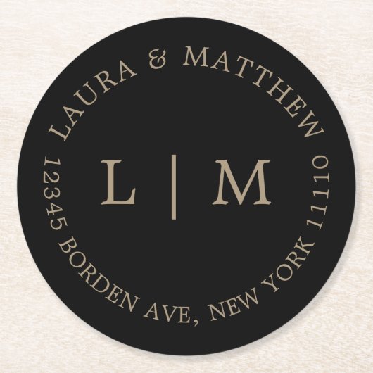 Black Gold Monogram Wedding Runder Pappuntersetzer (Vorderseite)