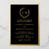 Black Gold Monogram Wreath Wedding Folieneinladung (Vorderseite)