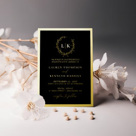 Black Gold Monogram Wreath Wedding Folieneinladung