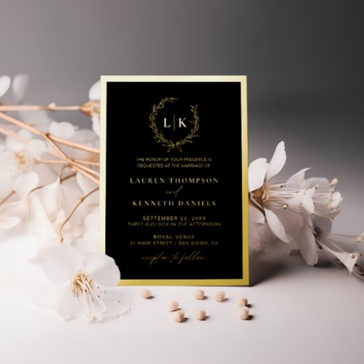 Black Gold Monogram Wreath Wedding Folieneinladung