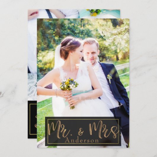 Black & Gold Mr. & Mrs. Wedding Foto Vielen Dank Einladung (Vorne/Hinten)