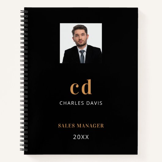 Black Gold Name Initial Foto Business Notizblock (Vorderseite)