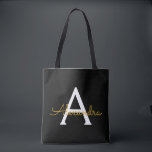 Black Gold Name White Girly Script Monogram Modern Tasche<br><div class="desc">Schwarz und Gold Elegant Fügen Sie Ihren eigenen Namen Monogram Book Bag. Diese Büchertasche kann auf Ihren Vor- und Vornamen angepasst werden und als Geschenk für Weihnachten,  Geburtstag,  Brautparty oder Hochzeit.</div>