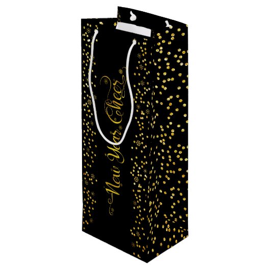 Black Gold New Year Chee Script Snowflakes Modern Geschenktüte Für Weinflaschen (Rückseite Schrägansicht)