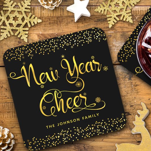 Black Gold New Year Chef Snowflakes Confetti Name Getränkeuntersetzer
