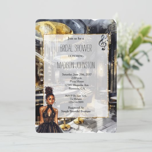 Black Gold Night Club Brautparty Einladung (Stehend Vorderseite)