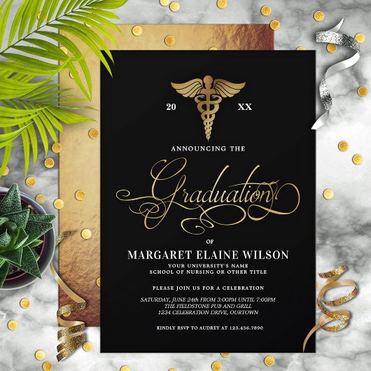 Black & Gold Nursing School Graduation Party Einladung