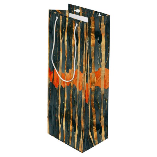Black gold orange Art Nouveau stripes Geschenktüte Für Weinflaschen (Vorderseite Schrägansicht)