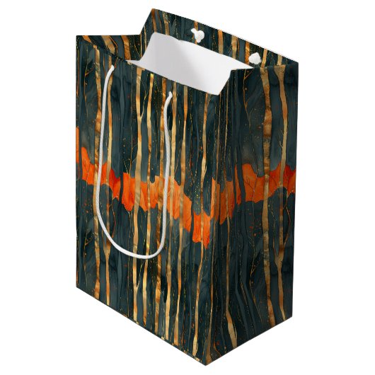 Black gold orange Art Nouveau stripes Mittlere Geschenktüte (Vorderseite Schrägansicht)