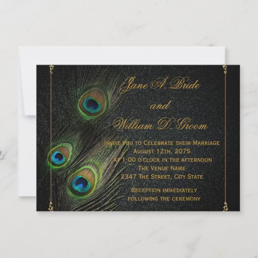 Black Gold Peacock Wedding Einladung (Vorderseite)