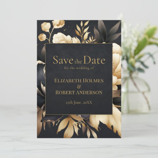 Black & Gold Peony Gothic Save the Date (Stehend Vorderseite)