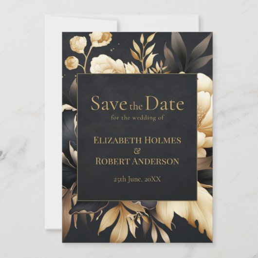 Black & Gold Peony Gothic Save the Date Einladung (Vorderseite)