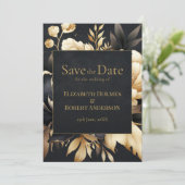 Black & Gold Peony Gothic Save the Date Einladung (Stehend Vorderseite)