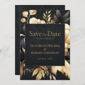 Black & Gold Peony Gothic Save the Date Einladung (Vorne/Hinten)