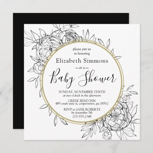 Black & Gold Peony Moderne Blumentoilendusche Einladung (Vorne/Hinten)