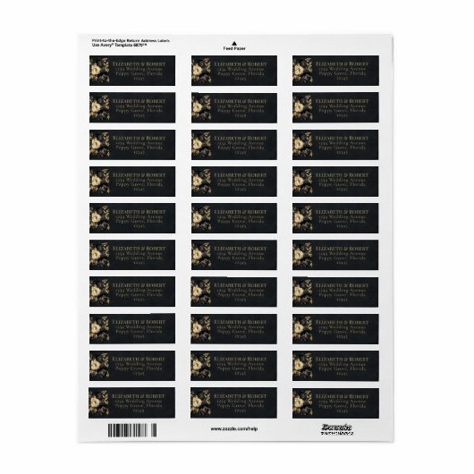 Black & Gold Peony Wedding Address Labels (Vorne)