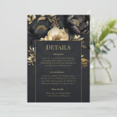 Black & Gold Peony Wedding Details Card Einladung (Stehend Vorderseite)