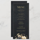Black & Gold Peony Wedding Menu Card Menükarte (Vorne/Hinten)