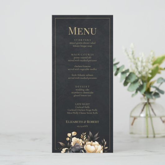 Black & Gold Peony Wedding Menu Card Menükarte (Stehend Vorderseite)