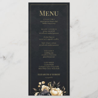 Black & Gold Peony Wedding Menu Card Menükarte