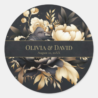 Black & Gold Peony Wedding Round Sticker