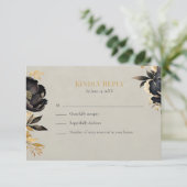 Black & Gold Peony Wedding RSVP Card Karte (Stehend Vorderseite)