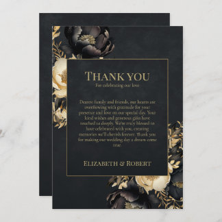 Black & Gold Peony Wedding Thank You Card Dankeskarte