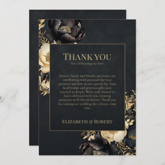 Black & Gold Peony Wedding Thank You Card Dankeskarte (Vorne/Hinten)