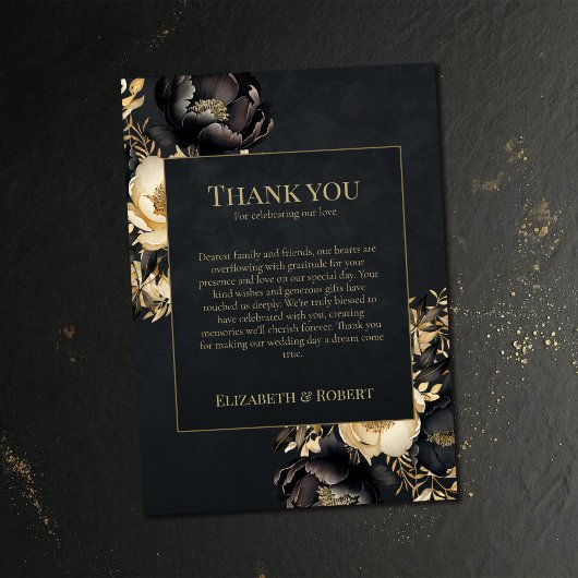 Black & Gold Peony Wedding Thank You Card Dankeskarte