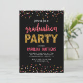 Black Gold Pink Confetti Graduiertenparty laden ei Einladung (Stehend Vorderseite)