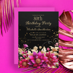 Black Gold Pink Floral 80. Geburtstagsparty Einladung