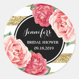 Black Gold Pink Floral Brautparty Gefallen Tag Runder Aufkleber